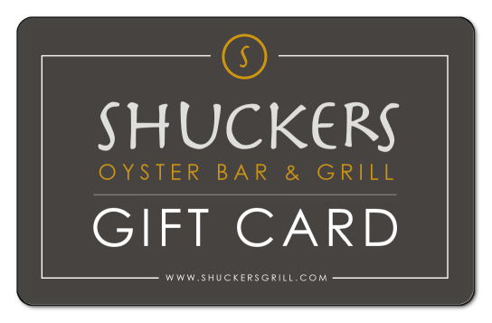 shuckers gold and white text logo with a white box border on a dark grey background